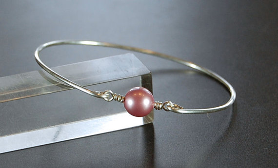 Bangle Bracelet- Rose Swarovski Pearl Bead And Sterling Silver Filled Wire- Custom Made To Size