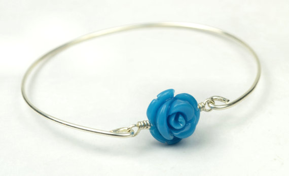 Bangle Bracelet- Turquoise Gemstone Rose Bead And Sterling Silver Filled Wire- Custom Made To Size