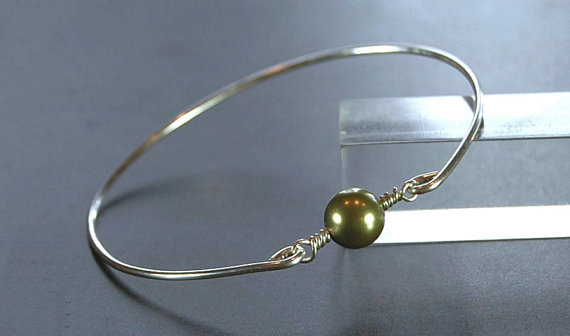 Pearl Bangle Bracelet- Green Swarovski Pearl Bead And Sterling Silver Filled Wire- Custom Made To Size
