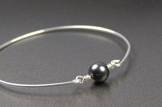 Bangle Bracelet- Dark Grey Swarovski Pearl Bead And Sterling Silver Filled Wire- Custom Made To Size