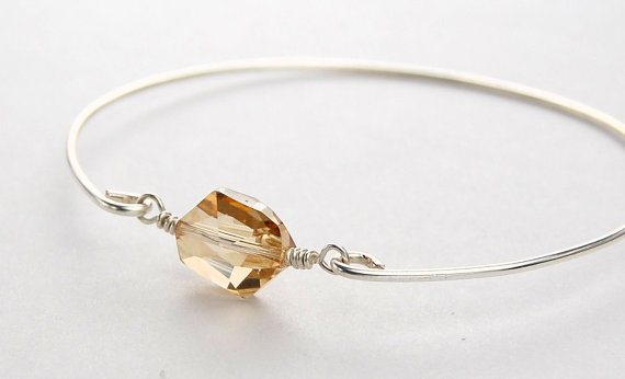 Silver Bangle Bracelet- Golden Swarovski Crystal And Sterling Silver Filled Wire- Custom Made To Size