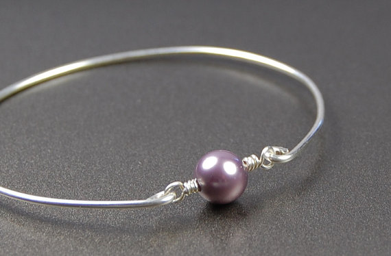 Pearl Bangle Bracelet- Mauve Swarovski Pearl Bead And Sterling Silver Filled Wire- Custom Made To Size