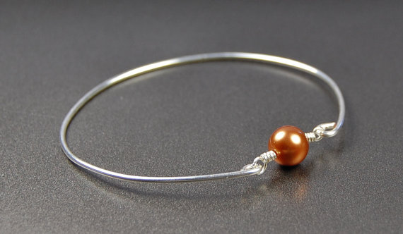 Pearl Bangle Bracelet- Copper Swarovski Pearl Bead And Sterling Silver Filled Wire- Custom Made To Size