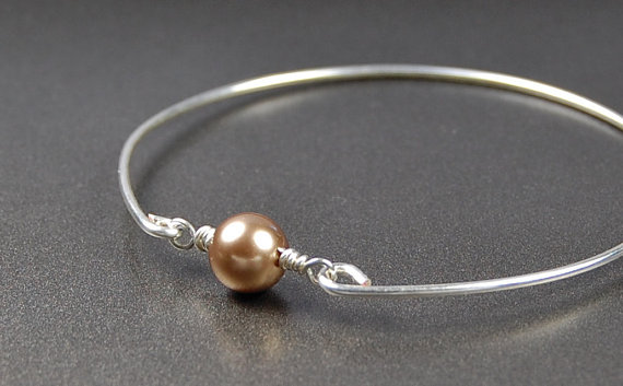 Silver Bangle Bracelet- Bronze Swarovski Pearl Bead And Sterling Silver Filled Wire- Custom Made To Size
