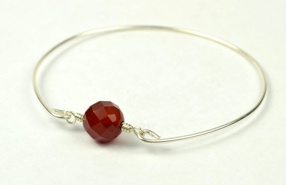 Carnelian Bangle Bracelet- Round Faceted Carnelian Bead And Sterling Silver Filled Wire- Custom Made To Size