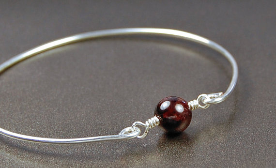 Garnet Bangle Bracelet- Round Garnet Bead And Sterling Silver Filled Wire- Custom Made To Size