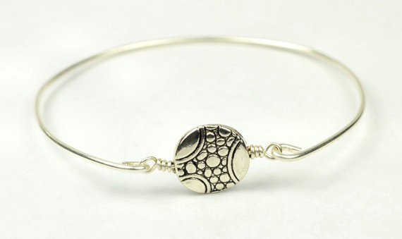 Silver Bangle Bracelet- Round Pewter Pebble Bead And Sterling Silver Filled Wire- Custom Made To Size