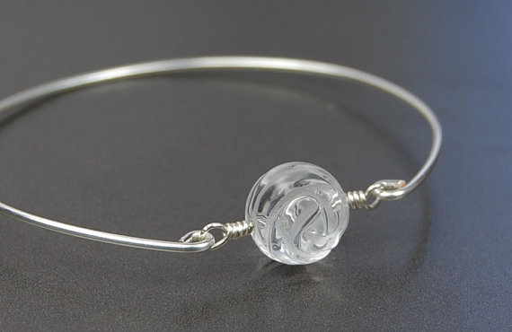 Bangle Bracelet- Clear Quartz Gemstone Rose Bead And Sterling Silver Filled Wire- Custom Made To Size