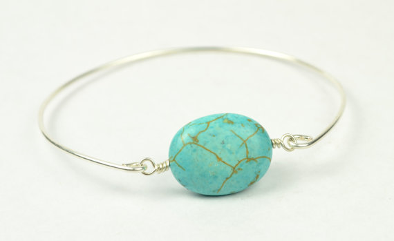 Turquoise Bangle Bracelet- Turquoise Oval Bead And Sterling Silver Filled Wire- Custom Made To Size