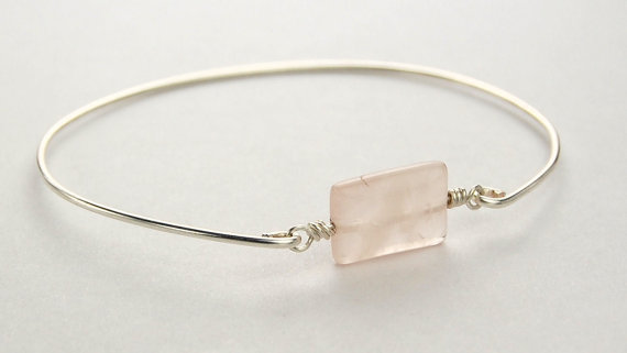 Bangle Bracelet- Rectangle Rose Quartz Gemstone Bead And Sterling Silver Filled Wire- Custom Made To Size