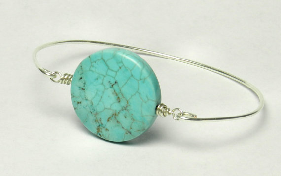 Turquoise Bangle Bracelet- Large Round Turquoise Bead And Sterling Silver Filled Wire- Custom Made To Size